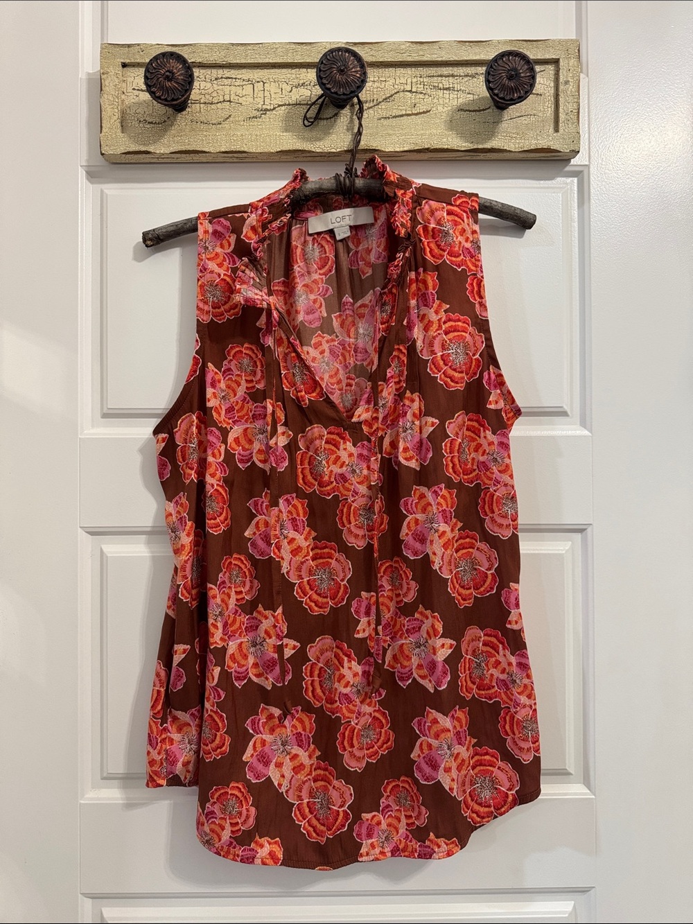 LOFT Brown Floral V-Neck Sleeveless Blouse with Pink & Coral Flowers